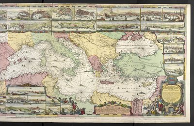Kort over Middelhavet med allegoriske figurer og havmonstre, der pynter på indsætningerne, fra 