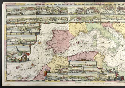 Kort over Middelhavet med allegoriske figurer og havmonstre, der pynter på indsætningerne, fra 