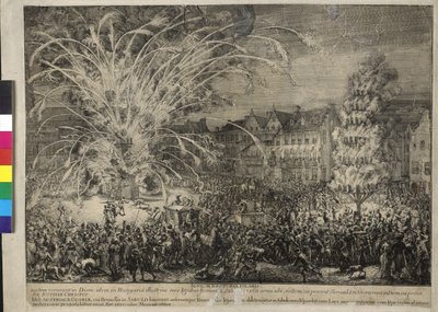 Natligt fyrværkeri på Rue des Sablons i Bruxelles 1686 (radering) af Romeyn de Hooghe