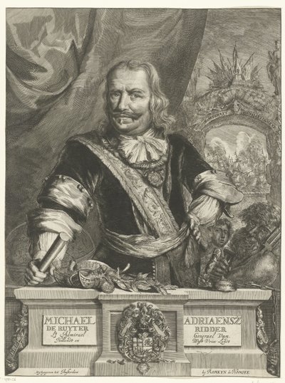 Portræt af Michiel de Ruyter Michael Adriaensz de Ruyter Knight Lt Admirael general Van Hollandt og West Vrieslandt (titel på objektet) af Romeyn de Hooghe