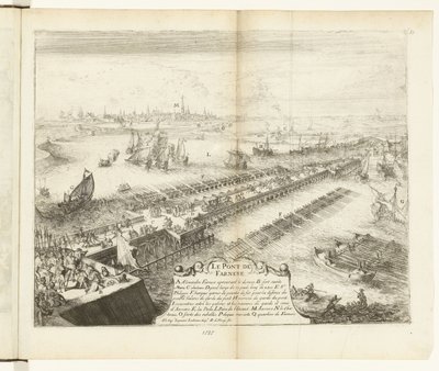 Parma skibsbro over Schelde, 1585 Le Pont de Farnese (titel på objekt) Guerres de Flandres (serietitel) af Romeyn de Hooghe