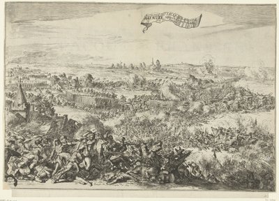 Slaget ved Seneffe, 1674 Seer rasende Attacque forvandles til en Bataille mellem Geallie-hærene. en der Fransen (titel på objekt) Beskrivelse af den rasende Attacque der Franssen, On the Bagagie of the Army of the Allies: Bliver til en sc. af Romeyn de Hooghe