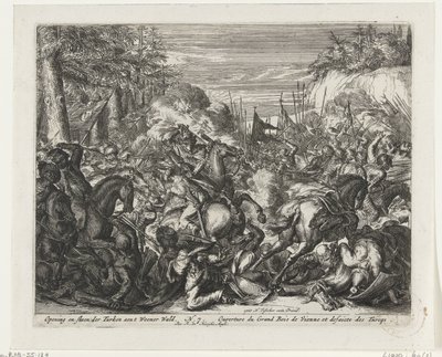 Kamp mellem Habsburgere og tyrkere i Wienerskoven Åbning og tæsk af tyrkerne aent Weener Wald (titel på objektet) af Romeyn de Hooghe