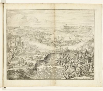 Tilbagetrækning af hertugen af ​​Parmas hær, 1592 La grande retreat du duc de Parme (titel på objektet) Guerres de Flandres (serietitel) af Romeyn de Hooghe