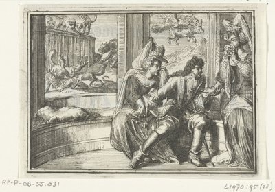 Titelside til pjecen: Bumpet i vagten, på Haasejagt, 1702 Bump in the Guard, på Haasejagt (titel på objekt) Esopus in Europe (serietitel) af Romeyn de Hooghe