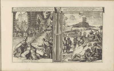 Tribunaal i Perzie; Khoikhoi i Guineers Persernes domstol // Hottentots in Guineesche / Hottentots and Inhabitants of Guinea (titel på objektet) Øst- og Vestindien og andre steder (serietitel) af Romeyn de Hooghe