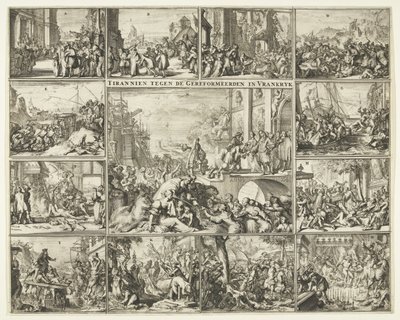 Forfølgelse af protestanter i Frankrig efter tilbagekaldelsen af ​​Ediktet af Nantes, 1685-1686 Tyran mod de reformerte i Vrankrijk (titel på objekt) af Romeyn de Hooghe