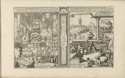 Vuurwerk i musik Konst vyeren / Tartarernes fyrværkeri // Musick en Speelinstrumenten / Musical Instrument of Different Peoples (titel på objekt) Øst- og Vestindien og andre steder (serietitel) af Romeyn de Hooghe