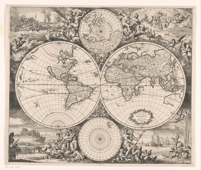 Verdenskort med en allegori over de fire elementer Nova totius terrarum orbis tabula (titel på objekt) af Romeyn de Hooghe