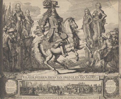 William III som Prins af Orange, med de fire forudgående Stadthouders, William I, Maurice,..., n.d.. af Romeyn de Hooghe
