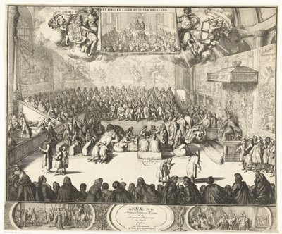 Zitting van het Lagerhuis met koningin Anna op de troon, 1702 Anne, D.G. Dronningen af ​​Storbritannien, såvel som de store prinser af England bekendte (titel på objekt) af Romeyn de Hooghe