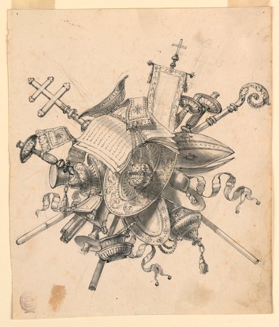 Tegning, trofæ med kirkelige genstande, 1830-1850 af Romolo Achille Liverani