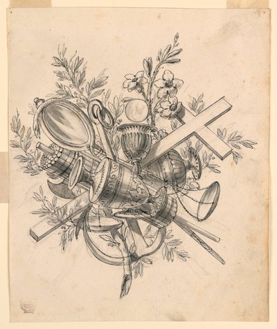 Tegning, trofæ med symboler for dyderne, 1830-1850 af Romolo Achille Liverani
