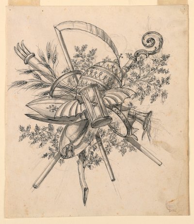 Tegning, Trofæ med bevinget timeglas, 1830-1850 af Romolo Achille Liverani