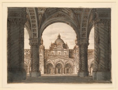Scenedesign, kirkefacade fra en loggia, I due Valdomiri af Felice Romani, musik af Pietro de Winter. Opført på La Scala, Milano, 1818 af Romolo Achille Liverani
