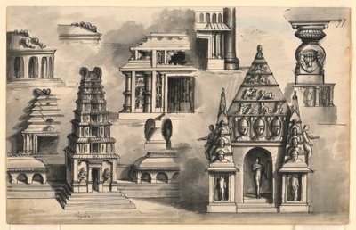 Scenedesign, detaljer om indiske templer af Romolo Achille Liverani