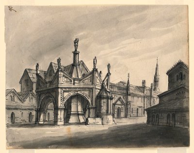 Scenedesign, eksteriør af gotiske bygninger af Romolo Achille Liverani