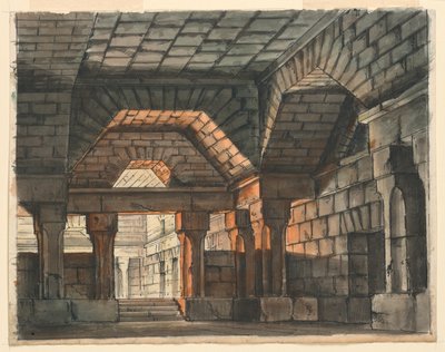 Scenedesign, befæstet slotinteriør til "Ciro in Babilonia" af Gioachino Rossini, La Scala, Milano, 1818, "Underjordisk fængsel" af Romolo Achille Liverani