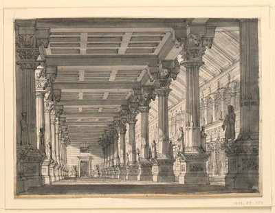 Scenedesign, sal i et babylonsk palads til operaen "Ciro in Babylonia" af Gioacchino Rossini af Romolo Achille Liverani