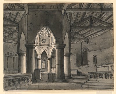 Scenedesign, interiør af gotisk kapel af Romolo Achille Liverani