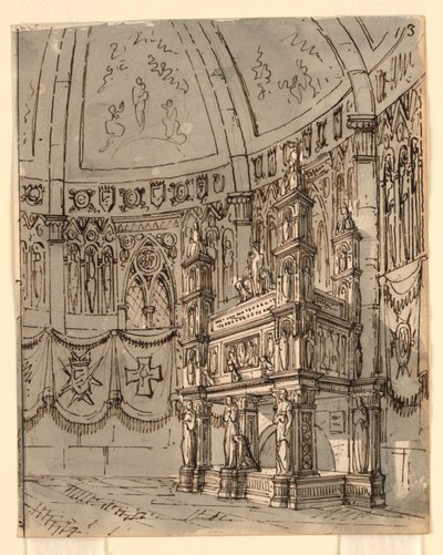 Scenedesign, interiør af gotisk kirke af Romolo Achille Liverani