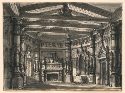 Scenedesign, interiør af Gothic Hall af Romolo Achille Liverani