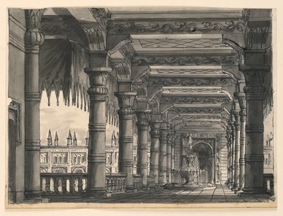Scenedesign, Loggia med springvand i et orientalsk palads af Romolo Achille Liverani