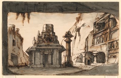 Scenedesign, orientalske bygninger midt i huler og klipper af Romolo Achille Liverani