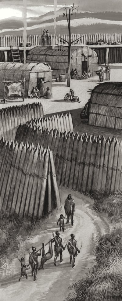 Befæstet Huron-landsby (gouache på papir) af Ron Embleton