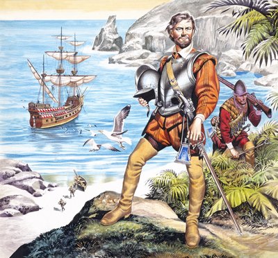 Francis Drake and the Golden Hind (gouache på papir) af Ron Embleton