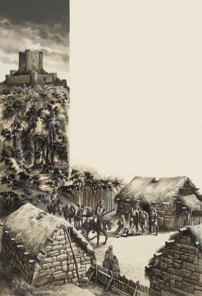 Middelalderlandsby (gouache på papir) af Ron Embleton