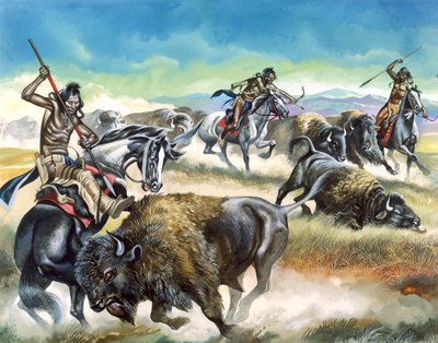 Indianere dræber amerikansk bison (gouache på papir) af Ron Embleton