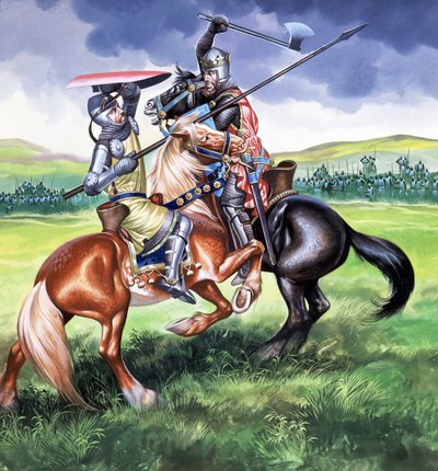 Robert the Bruce, konge af Skotland, på vej til at dræbe Sir Henry de Bohum (gouache på papir) af Ron Embleton