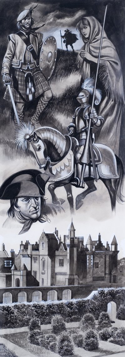 Skotsk slot og personligheder fra skotsk historie (gouache på papir) af Ron Embleton