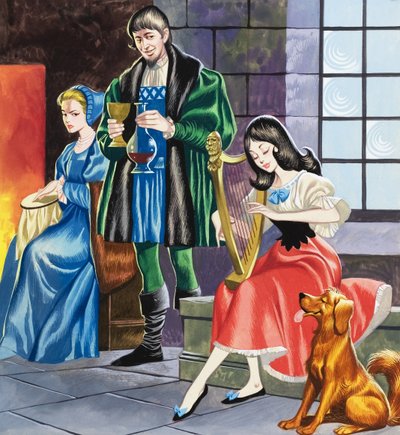 Snehvide spiller harpe for sin far (gouache på papir) af Ron Embleton