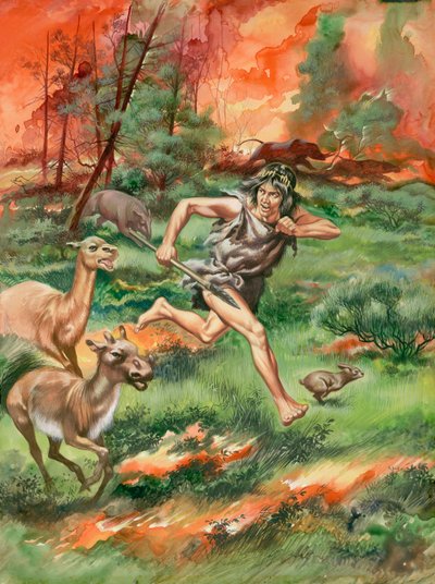 Stenaldermand på flugt fra ild sammen med dyr (gouache på papir) af Ron Embleton