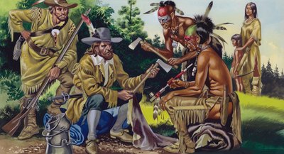Franskmændene i Canada, der handler pels med de indfødte indianere (gouache på papir) af Ron Embleton
