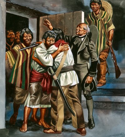 Den mexicanske revolution begyndte, da fader Hidalgo førte en gruppe bevæbnede mænd til det lokale fængsel. af Ron Embleton