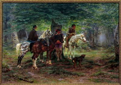 Ryttere overrasket af en regn (1600-tallet). I en skov går mænd på hesteryg under et træ og venter på, at regnen holder op med at falde. Maleri af Rosa Bonheur (1822-1899) af Rosa Bonheur