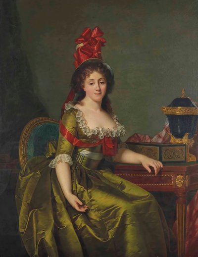 Portræt af en dame, i en grøn satin kjole og en motorhjelm med røde bånd. af Rose Adelaide Ducreux