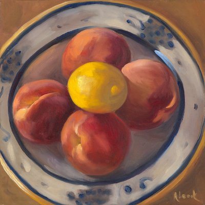 Fersken og citron, 2016 (olie på lærred) af Rosemarie Adcock