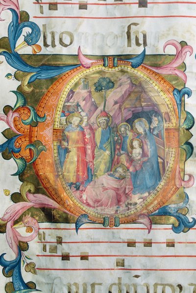 Corale / Graduale nr. 5 Historikert initial "O", der viser tilbedelsen af Magi af Rossello Franchi