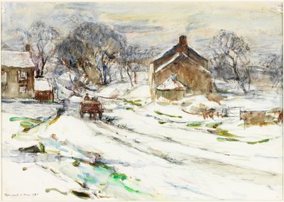 Ellerby - Vinter (blyant og akvarel på papir klistret på kort) af Rowland Henry Hill