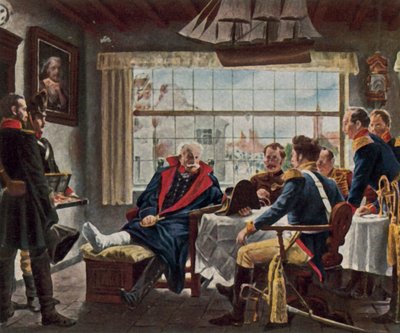 Blücher modtager Napoleons medalje og hat efter slaget ved Waterloo af Rudolf Eichstaedt