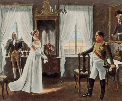 Dronning Louises møde med Napoleon I i Tilsit, 6. juli 1807 (forstærket farvelitografi) af Rudolf Eichstaedt