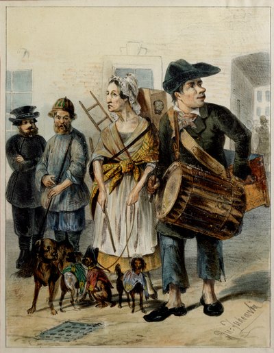A Servant Takes The Dogs Out - Kunstværk af Rudolf Kasimirovich Zhukovsky (1814-1886), akvarel og blæk på papir af Rudolf Kasimirovich Zhukovsky