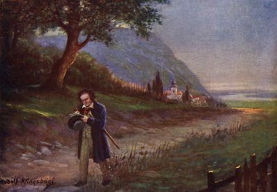 Beethoven på sin morgenvandring i Wien-forstaden Kahlenbergerdorf (farve litho) af Rudolf Klingsbogl