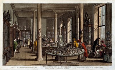 Indvendigt billede af en Wedgwood porcelænsbutik i London Litografi af R. Ackermann af Rudolph Ackermann