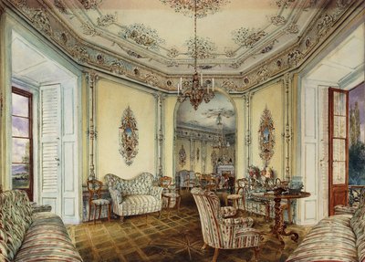Indvendig udsigt af salonen på et slot i Obertwaltersdorf; Indvendigt billede af en salon i Obertwaltersdorf Slot, af Rudolf von Alt