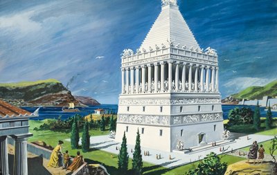 Mausoleet i Halikarnassos, færdiggjort i 353 f.Kr. (gouache på papir) af Ruggero Giovannini